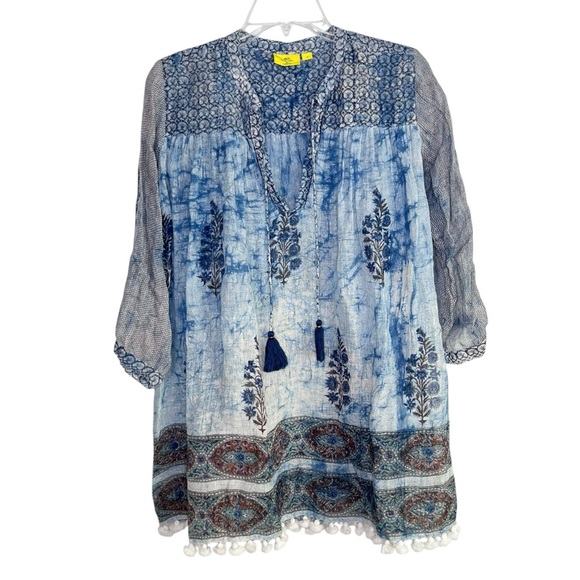 Roller Rabbit Gorsuch Linen Tunic Top Size S Mix Print Relaxed Fit Festival Boho - Picture 1 of 11